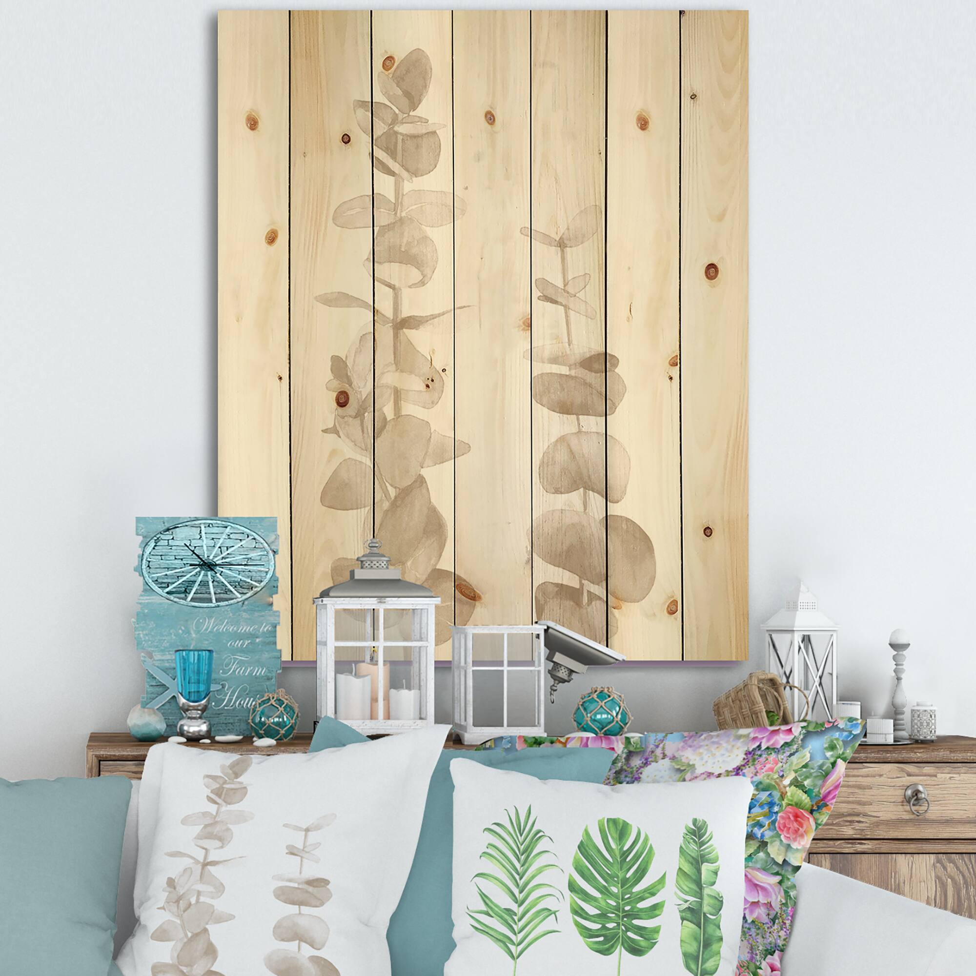 Designart - Beige Eucalyptus Branches On White